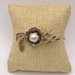 Vintage Damascene Brooch With Faux Pearl Marked Spain 2 inch x 1 inch